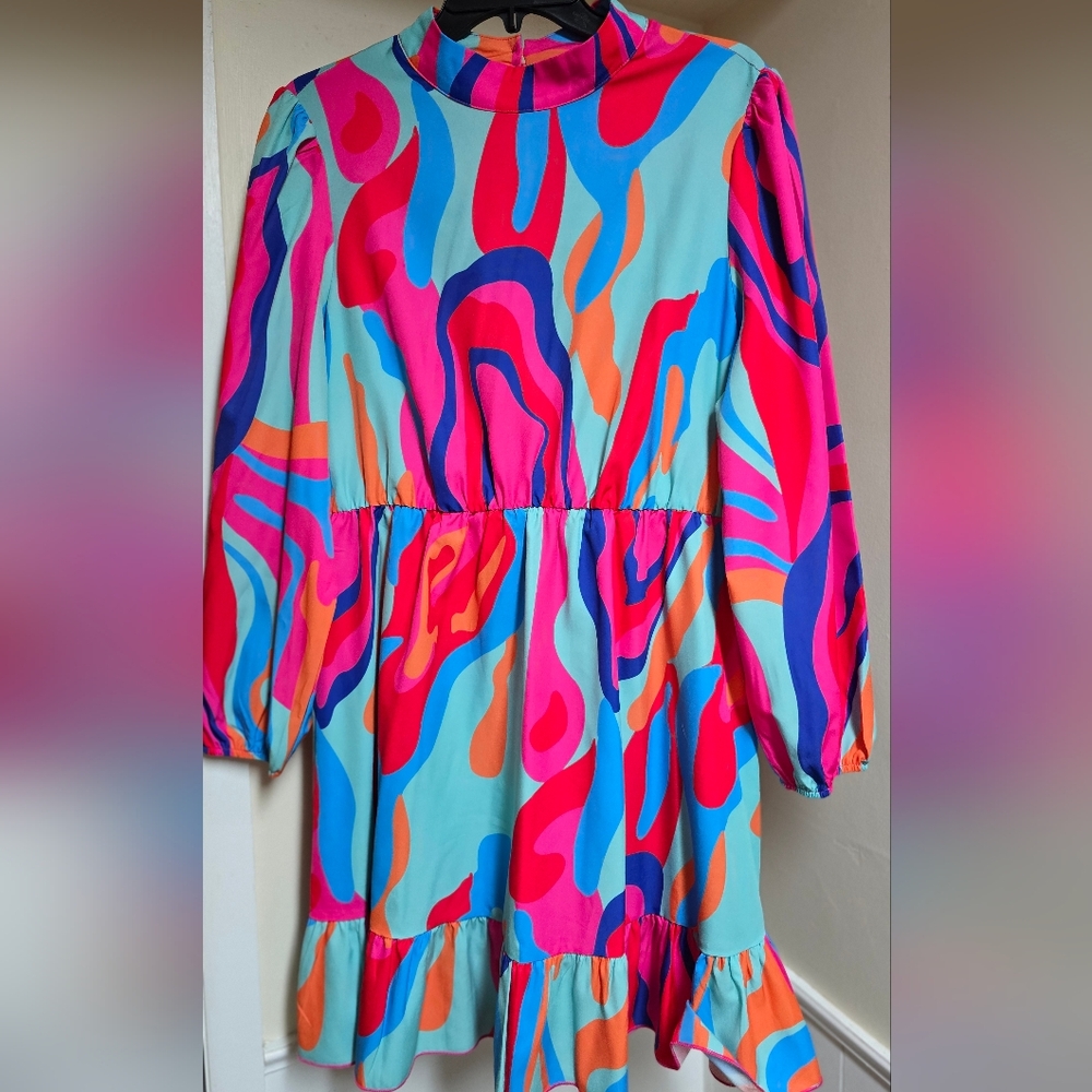 Retro Funky Disco Lantern Sleeve Ruffle Hem Dress NWOT XL - Picture 1 of 10